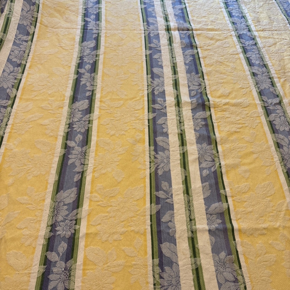 Vintage Yellow Blue Green White Floral 100% Heavy Cotton Tablecloth 104"x54"